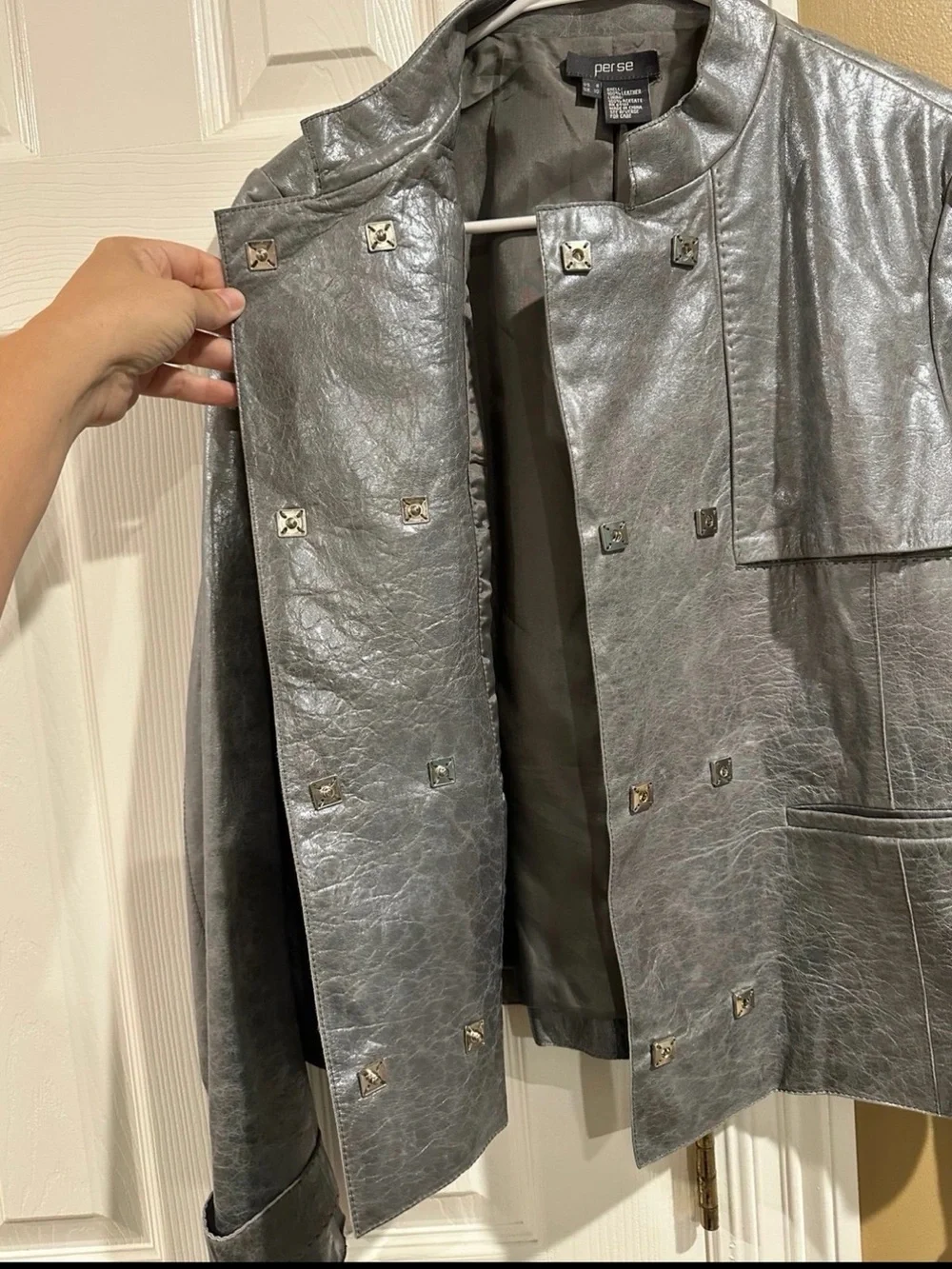 Perse Metallic Gray Lightweight Leather Jacket